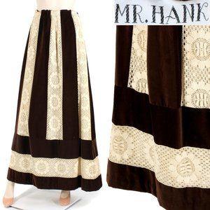 L XL Vintage 1970s Mr.Hank Brown Velvet Lace Cottagecore Prairie Maxi Skirt 70s